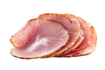 Sliced ham, close-up.  Stacked slices of cooked ham, light pink, with browned edges