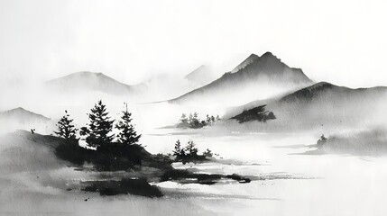 Fototapeta premium Misty Mountain Landscape Painting with Pine Trees.