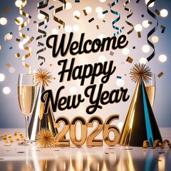 Welcome 2026 with a Vibrant New Year Greeting, Beautifully Designed, Happy New Year 2026 Wishes, Minimal modern, artwork, decorative swirls, Bright and Inspiration, photorealistic image, background,