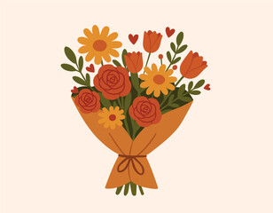 Vector illustration. Bouquet of flowers. Gift card. Happy Women's Day. Gift bouquet with different flowers. Beautiful vector flowers. Happy Mother's Day. Vintage style.