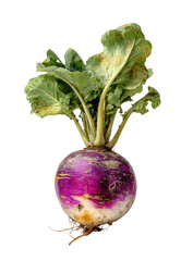 Close-up of a turnip with vibrant purple-pink bulb and green leaves