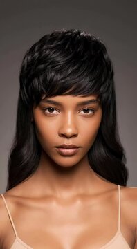 Hairstyle transformation showing a short pixie cut changing into a wavy bob and then into long hair over time
