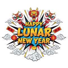 Fototapeta premium Vibrant Lunar New Year Celebration Illustration with Traditional Dragon and Lion Dance Motifs, Festive Greeting Graphic Design