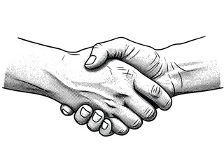 A monochrome illustration depicts a firm handshake between two individuals, symbolizing agreement, partnership, and human connection.