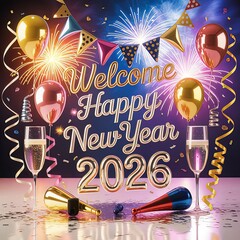 Welcome 2026 with a Vibrant New Year Greeting, Beautifully Designed, Happy New Year 2026 Wishes, Minimal modern, artwork, decorative swirls, Bright and Inspiration, photorealistic image, background,