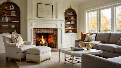 Cozy living room with fireplace and comfortable furniture in a modern home interior