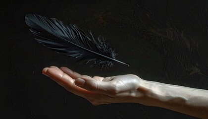 Detailed close up of a wet human hand reaching up towards a floating black feather