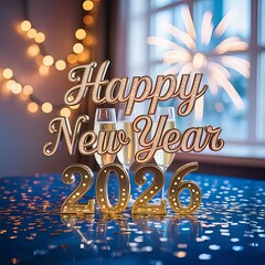 Welcome 2026 with a Vibrant New Year Greeting, Beautifully Designed, Happy New Year 2026 Wishes, Minimal modern, artwork, decorative swirls, Bright and Inspiration, photorealistic image, background,