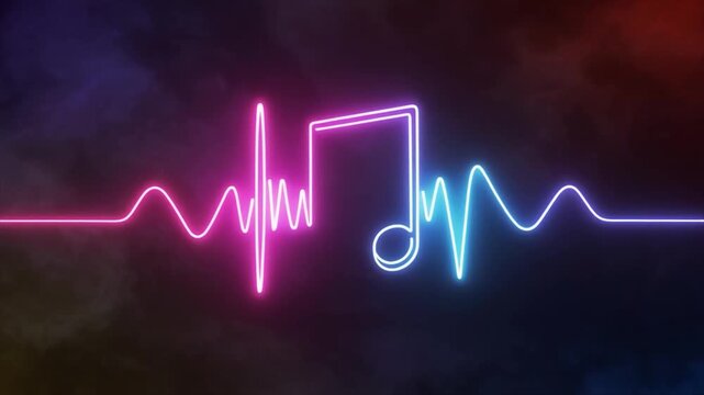 Neon Music Note Symbol with Pink and Blue Sound Waveforms on a Smoky Dark Background eighth note musical symbol