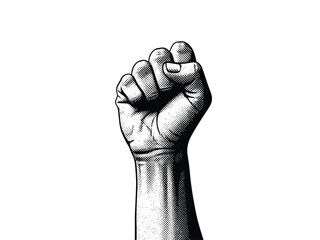 A stark, high-contrast black and white illustration of a clenched fist raised in defiance or solidarity, symbolizing power, resistance, and the fight for a cause.