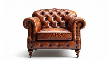 Ornate, brown leather armchair isolated on white