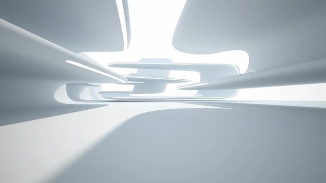Wide cinematic view of a pristine, endless minimalist white void with subtle shadows defining the vast abstract architectural space interior, purity, geometric