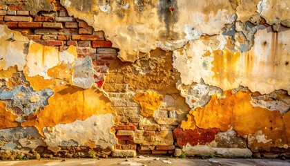 Detailed Close up of Textured Weathered Wall With Peeling Plaster Showing Bricks and Concrete in Warm Sunlight