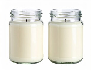 Two candles in clear glass jars, isolated white