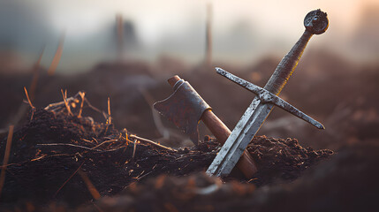 speciation. Medieval sword and axe crossed on a ground, dirt and minimal debris, dramatic side lighting. event programs, museum guides, designed for cultural heritage projects and even