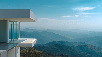 Obraz premium Modern Architectural Marvel Perched Above Misty Mountain Landscape.