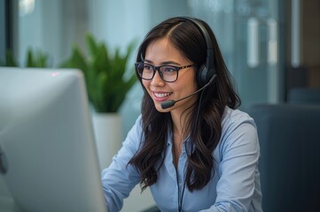 A young woman with glasses and a headset focuses intently on her computer screen during a work session