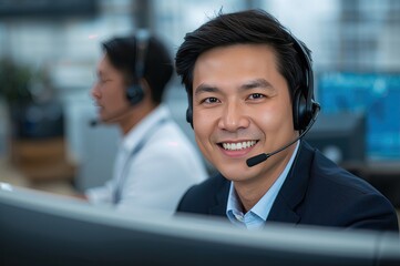 A man in a suit with a headset smiles warmly at his computer, portraying a friendly and competent service representative