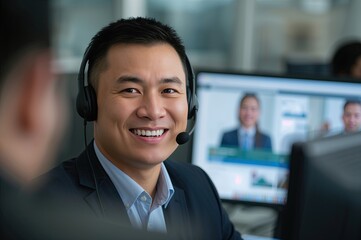 A smiling male customer service agent with a headset looks at his screen, ready to assist clients