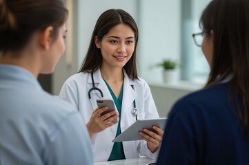 A female doctor in a white coat consults with a patient, holding a tablet for medical records