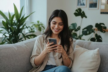 A relaxed woman sits on a couch, smiling as she browses her smartphone amidst green plants