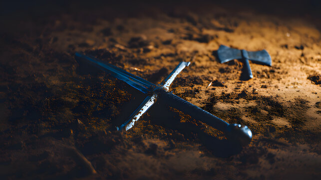 speciation. Medieval sword and axe crossed on a ground, dirt and minimal debris, dramatic side lighting. event programs, museum guides, designed for cultural heritage projects and even