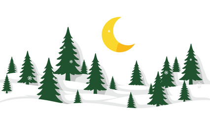 Obraz premium Serene winter night landscape featuring a cluster of evergreen trees dusted with snow and a bright crescent moon in the sky.
