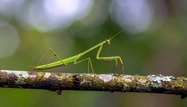 Detailed Macro Shot of a Green Praying Mantis Perched on a Moss Covered Branch in a Lush Forest with Soft Bokeh Background and Natural Sunlight - Powered by Adobe