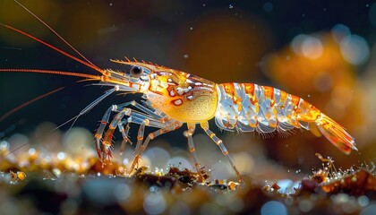 Detailed Macro Shot of a Colorful Orange and White Striped Shrimp Underwater with Soft Bokeh Background