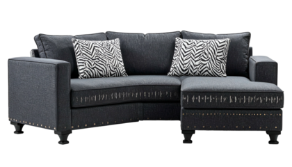 Dark gray sectional sofa with zebra-print pillows, wooden legs, and decorative trim