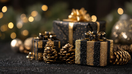 A beautifully decorated Christmas scene featuring gold and black presents pinecones and ornaments on a dark surface with a blurred background of lights and a Christmas tree