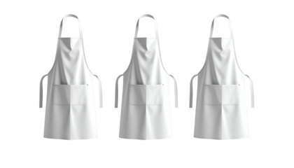 Three clean, white aprons hanging, centered, on a black background