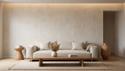 Modern minimalist living room with white couch and wooden coffee table