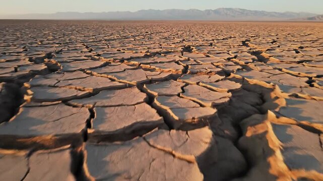 Wide drone shot flying low over vast severely cracked dry desert earth showing extreme drought and environmental fragmentation across the surface drone shot, breakdown, global warming