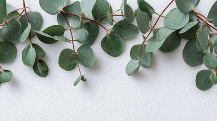 A sprig of eucalyptus leaves lies across a white surface with a subtle shadow underneath the leaves