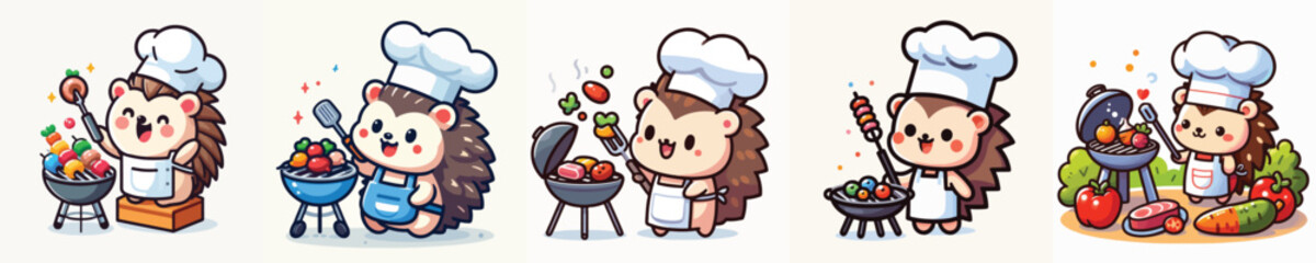 cute hedgehog vector is grilling meat
