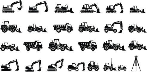 Large construction machinery silhouette icon set with excavators, bulldozers, loaders, dump trucks, and surveying equipment for industrial design © Shadhona