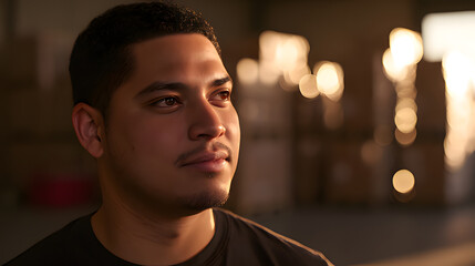 bluecollar. Warehouse worker focused on task, with industrial setting softly blurred in background. safety posters.