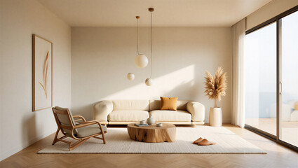 Modern minimalist living room with natural light and neutral color palette interior design