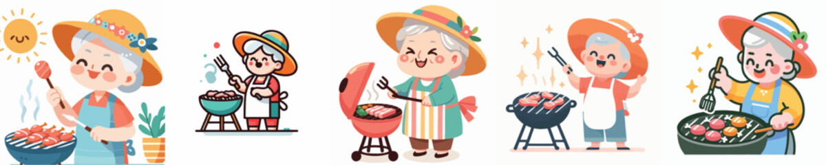 vector of grandma grilling meat
