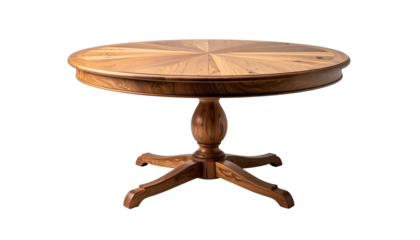 A classic wooden round dining table, featuring a detailed tabletop and pedestal base