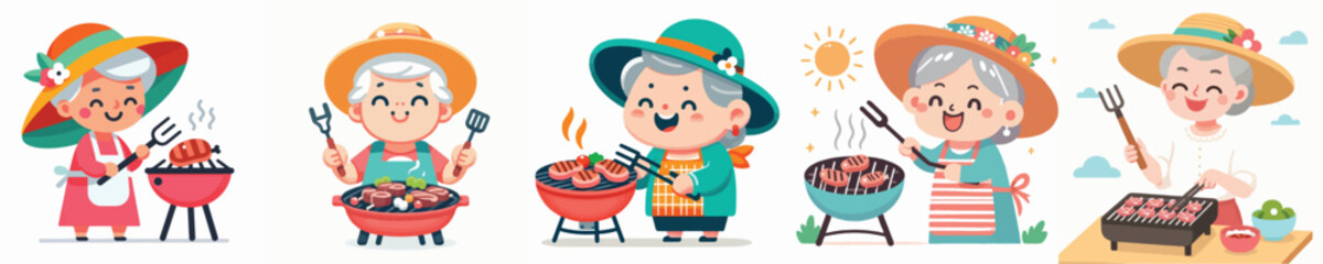 vector of grandma grilling meat