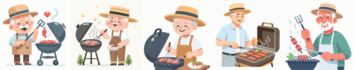 vector of grandfather grilling meat