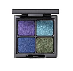 Four-square compact eyeshadow palette.  Dark gray/black case.  Shimmering,  vibrant shades of purple, blue, teal, and green eyeshadows