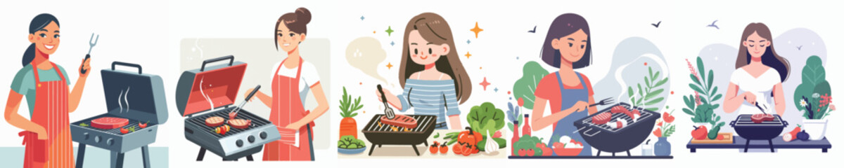vector of a girl grilling meat