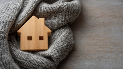 A small wooden house model resting on a gray knitted fabric placed on a wooden surface