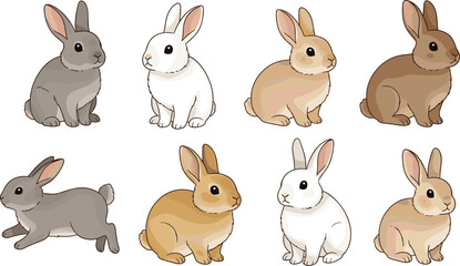 Naklejka premium Cute Rabbit and Bunny Characters Collection in Different Poses Flat Cartoon Vector Illustration Isolated on White Background