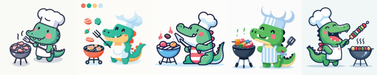 cute crocodile vector is grilling meat