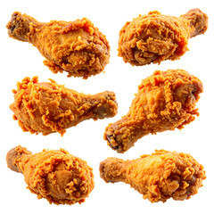 Six golden-brown, crispy fried chicken drumsticks, isolated on black background