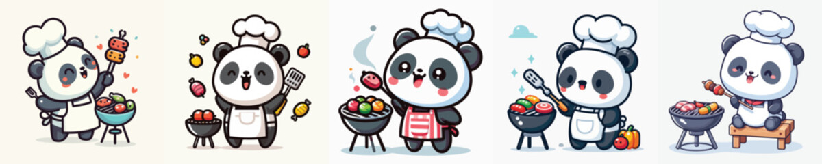 cute panda vector is grilling meat
